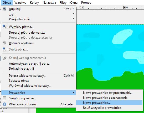 [20/34] GIMP Rysunek 37. Wybór prowadnic W oknie Nowa prowadnica, w polu Kierunek wybieramy Poziome Klikamy OK Rysunek 38.