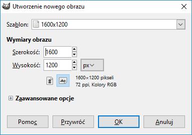 Po wykonaniu rysunku na papierze, tworzymy nowy obraz w programie GIMP o wymiarach 1600 na 1200, mianowicie: 1.