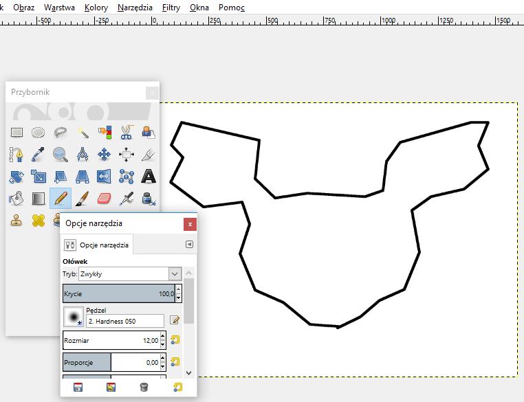 [28/34] GIMP 4. W przyborniku klikamy dwukrotnie narzędzie Ołówek 5. W oknie Opcje narzędzia, w polu Rozmiar wpisujemy 12 px 6.