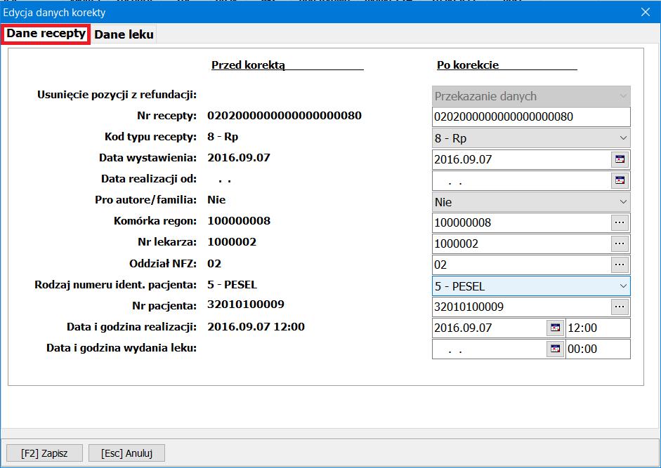 Edycja danych korekty dane recepty Podczas generowania zestawienia pozycje z błędami można poprawić za pomocą przycisku [F4]
