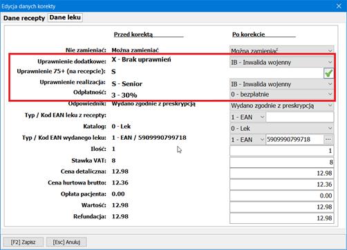 Przykłady korekt do zestawienia Po wybraniu zakładki z danymi leku wprowadzamy zmiany w poniższych polach: - w polu Uprawnienie dodatkowe należy zmienić oznaczenie z X - Brak uprawnień na IB -