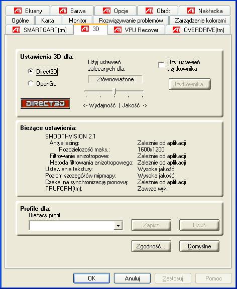 Panel sterowania 3D 22 Ta zakładka umożliwia dostrojenie ustawień aplikacji Direct3D i OpenGL.