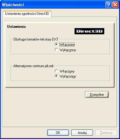 27 Ustawienia zgodności Direct3D Obsługa formatów tekstur DXT Alternatywne centrum pikseli Przycisk wartości domyślnych Niektóre aplikacje obsługują tylko ograniczoną liczbę formatów tekstur.