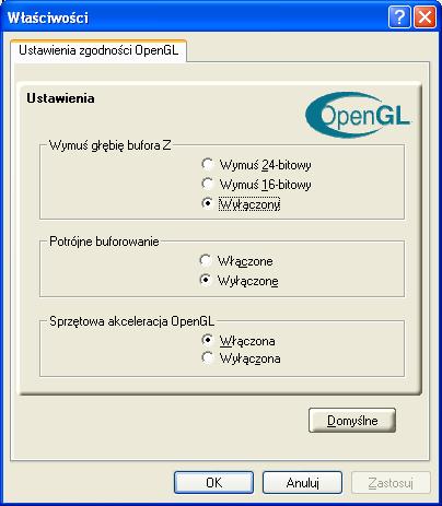 28 Ustawienia zgodności OpenGL Wymuś głębię bufora Z Potrójne buforowanie Sprzętowa akceleracja OpenGL Przycisk Domyślne Jawnie określa głębokość bufora Z.