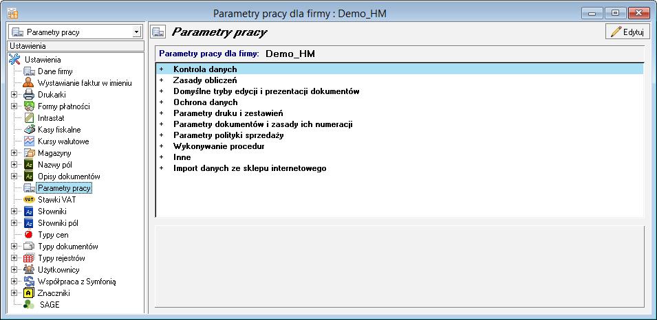 5.5.9 Opisy dokumentów Ustawienie to umożliwia wprowadzenie typowych opisów dokumentów, co ułatwia wystawianie dokumentów i zapobiega powstawaniu błędów. 5.5.10 Parametry pracy Rys.