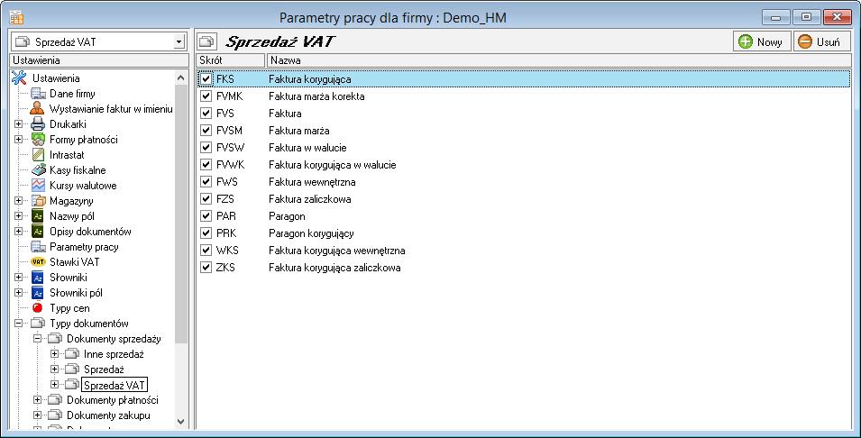 5.5.15 Typy dokumentów Okno to pozwala na wprowadzanie nowych typów dokumentów oraz modyfikowanie i uaktywnianie typów wprowadzonych wcześniej. Program domyślnie proponuje typowy układ dokumentów.