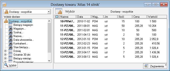 7.3.1 Dostawy towarów Dostawa opisywana jest przez swoją datę (data operacji magazynowej z dokumentu przychodu), nazwę, kod przyjmowanego towaru, ilość towaru w dostawie i jego wartość.