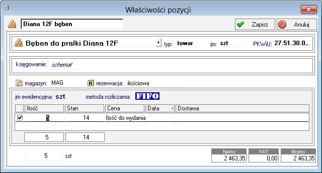 Rys. 91 Okno Właściwości pozycji - rezerwacja ilościowa. Cena - W polu tym podpowiadana jest cena obliczona jako iloraz wartości i ilości wydawanych towarów.