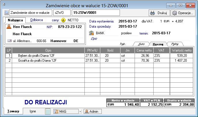 8.4.2.6 Wewnątrzwspólnotowa dostawa towarów Dokument WDT (Wewnątrzwspólnotowa dostawa towarów) służy do obsługi sprzedaży towarów kontrahentom unijnym.