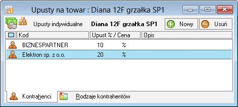 lub symbol waluty, w jakiej cena ta jest zdefiniowana. Dla nowego elementu program domyślnie proponuje wprowadzenie upustu procentowego. Rys.