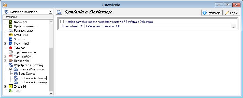 11.0 Wysyłanie raportów JPK Sage Symfonia 2.0 e-deklaracje 11.1 Konfiguracja współpracy z Sage Symfonia 2.