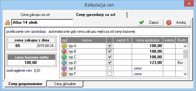 Zakładka Ceny zawiera następujące pola: Cena zakupu (za jednostkę ewidencyjną) - Ostatnia zarejestrowana cena zakupu danego towaru wraz datą tego zakupu.