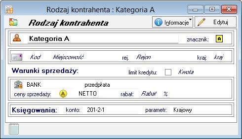 4.2.5 Rodzaje kontrahentów Okno definiowania rodzaju kontrahentów zawiera nazwę rodzaju, znacznik, dane adresowe wspólne dla kontrahentów tego rodzaju - kod pocztowy, miejscowość i rejon, dane