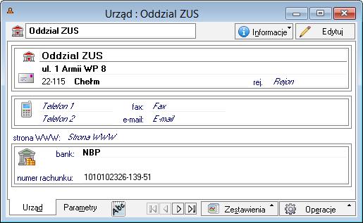 Dane pracowników firmy i urzędów są zgrupowane w odrębnych kartotekach. Umożliwia to prowadzenie w programie rozliczeń z pracownikami i urzędami niewynikających bezpośrednio z działalności handlowej.