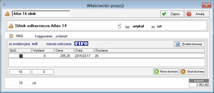 Podczas wystawiania magazynowego dokumentu przychodowego, w oknie Właściwości pozycji dostępne są przyciski narzędziowe: Podziel dostawę, Nowa dostawa i Usuń dostawę. Rys.