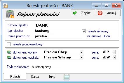 W programie Handel można utworzyć rejestry typów gotówkowy, bankowy i inny.