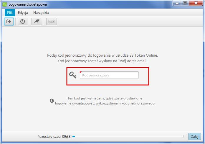 przepisać do pola Kod jednorazowy w aplikacji ES Token Online a następnie użyć przycisk Dalej. Zostaniemy przeniesieni na stronę startowa aplikacji ES Token Online.