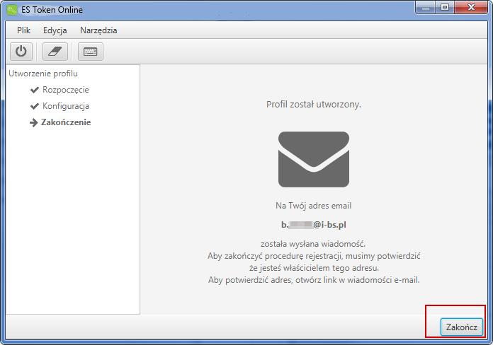 na podany wcześniej e-mail zostanie wysłana wiadomość z potwierdzeniem adresu e-mail, natomiast w aplikacji należy zakończyć tworzenie profilu używając przycisk Zakończ.