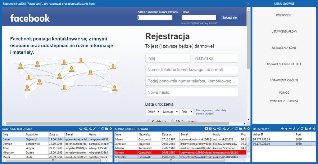 Fejsomat Oprogramowanie automatyzujące zakładanie kont na portalu Facebook Program Fejsomat umożliwia automatyczne generowanie i rejestrację kont na Facebooku.