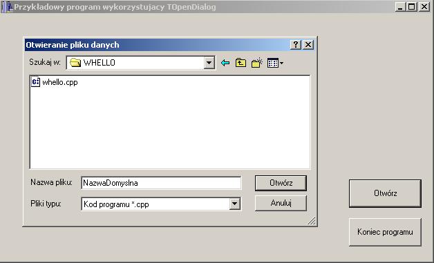TOpenDialog Obiekt klasy TOpenDialog słuŝy do wyświetlania (modalnego) okna dialogowego umoŝliwiającego wybór/wskazanie pliku oraz jego lokalizacji (ścieŝki dostępu).