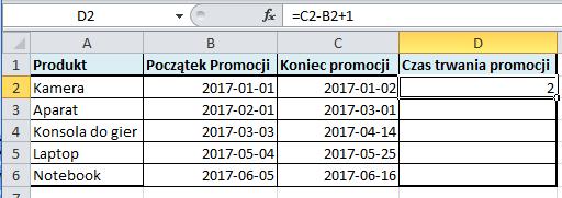 Jeżeli należy obliczyd czas trwania np. promocji, to różnica dat nie jest wartością prawidłową.