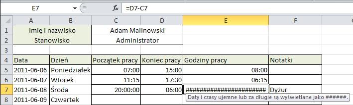 11. Błąd czasu ujemnego W programie Microsoft Excel 2010 bez problemu można odjąd godziny wcześniejsze od późniejszych.