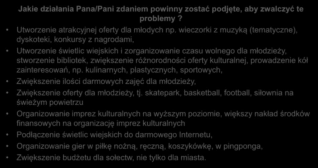 Jakie działania Pana/Pani zdaniem powinny zostać podjęte, aby zwalczyć te problemy? Utworzenie atrakcyjnej oferty dla młodych np.