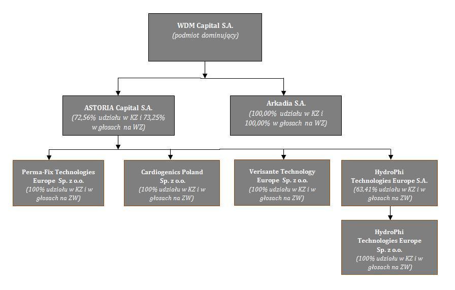 XI. Graficzna prezentacja grupy kapitałowej: Poniższa struktura obowiązywała na dzień 22.12.2014r. Na dzień bilansowy Spółka WDM Capital S.A. nie posiadała spółek zależnych. XII.