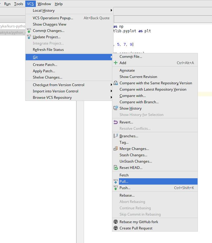W naszy przypadku skorzystamy z PyCharma - wystarczy wybrać odpowienią opcję z menu (tak jak na rysunku powyżej) a program wykona żądaną operację i ściągnie najświeższy kod.