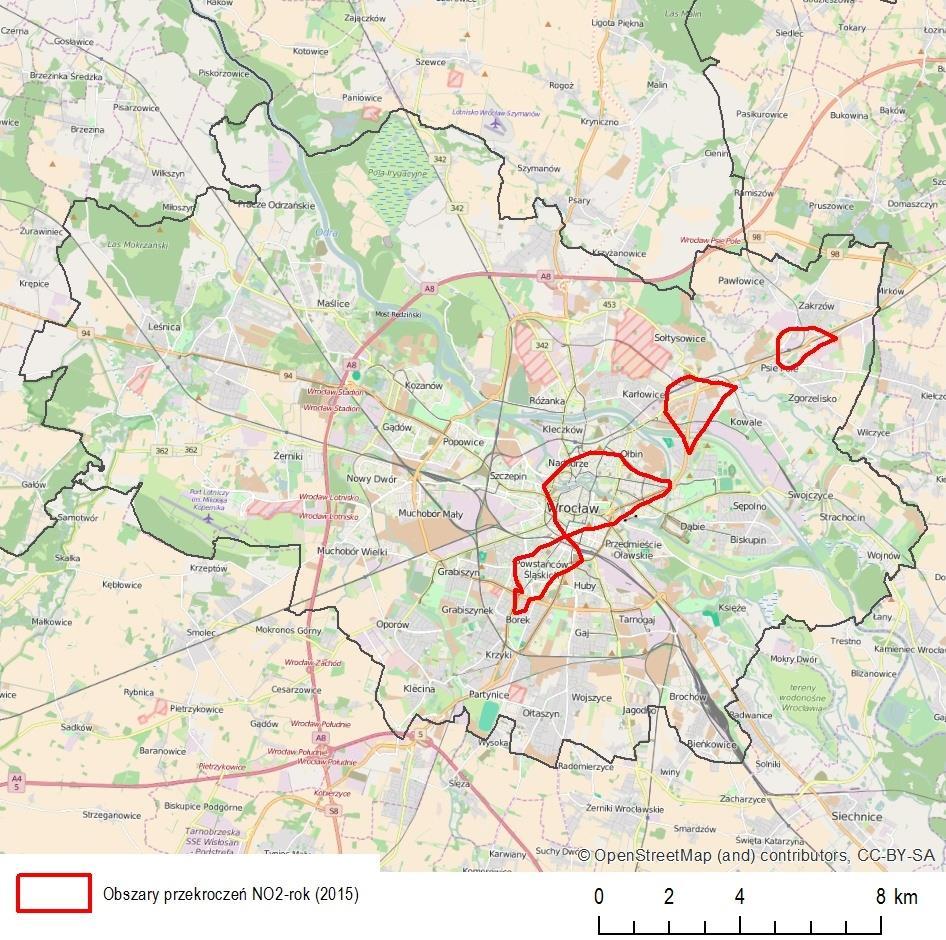 Obszary przekroczeń stężeń rocznych NO 2 we Wrocławiu Powierzchnia obszarów przekroczeń: 10,3 km 2 Szacowana liczba