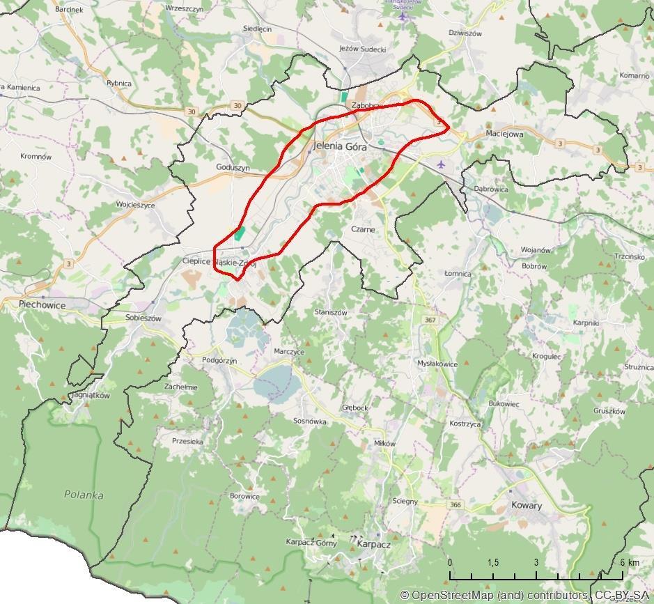 Obszary przekroczeń stężeń dobowych PM10 w Jeleniej Górze Ocena 2015