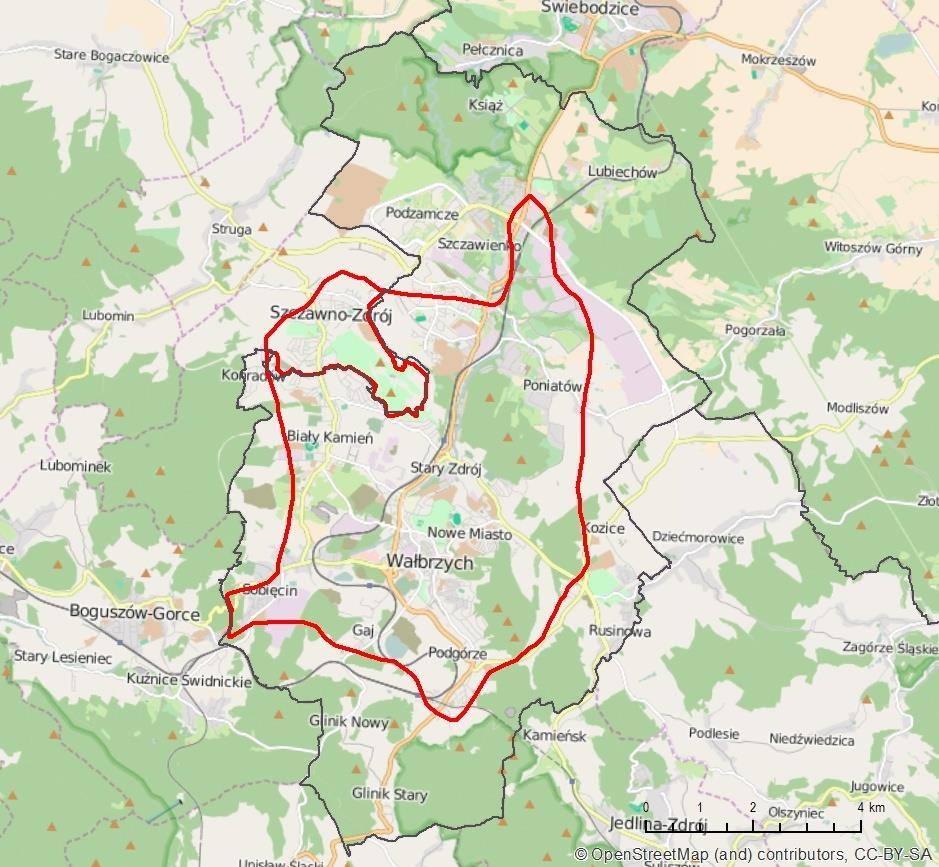 Obszary przekroczeń stężeń rocznych BaP w Wałbrzychu Ocena 2015