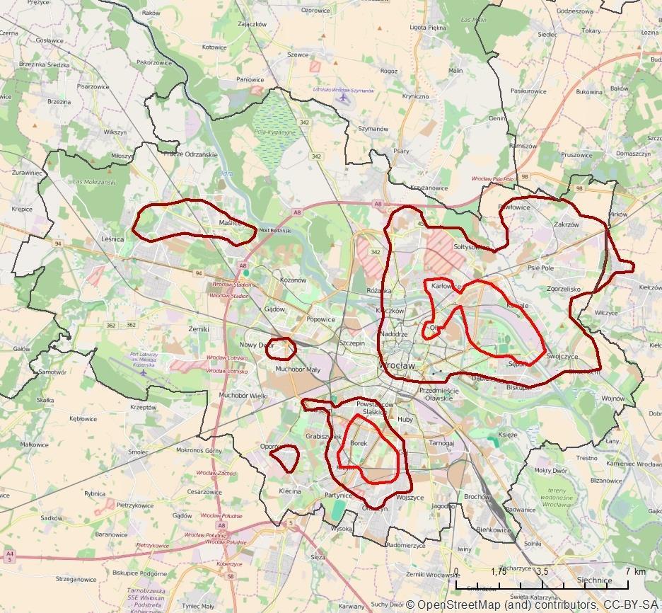 Obszary przekroczeń stężeń rocznych PM2.5 we Wrocławiu Ocena 2015 obszar przekroczeń poziomu dopuszczalnego PM2.