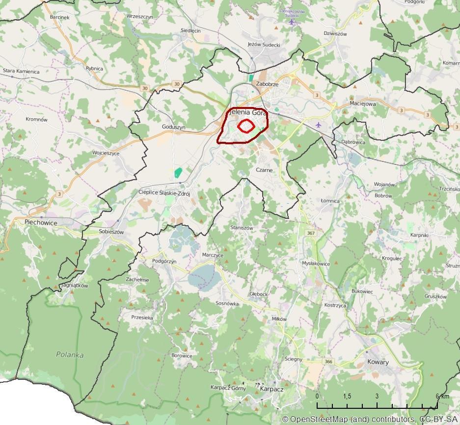 Obszary przekroczeń stężeń rocznych PM2.5 w Jeleniej Górze Ocena 2015 obszar przekroczeń poziomu dopuszczalnego PM2.