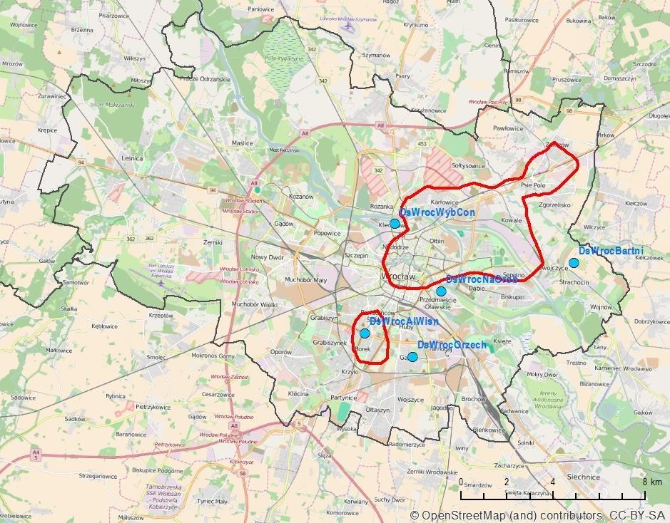 Obszary przekroczeń stężeń rocznych PM10 we Wrocławiu w 2014 i 2015 r.