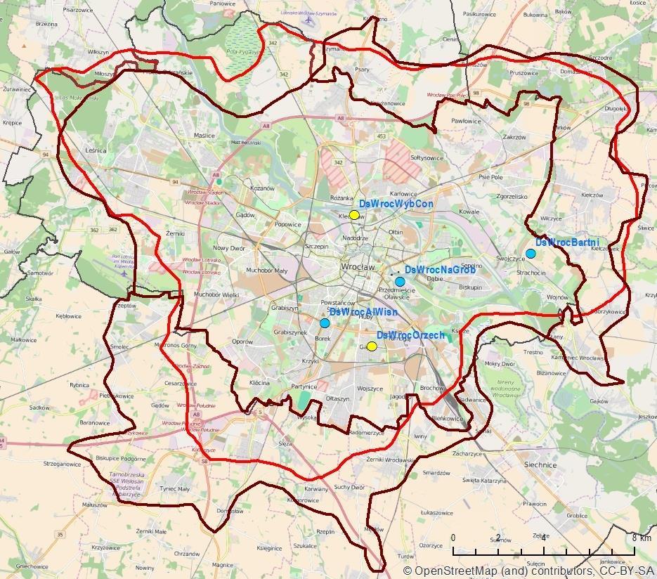 Obszary przekroczeń stężeń dobowych PM10 we Wrocławiu w 2014 i 2015 r.