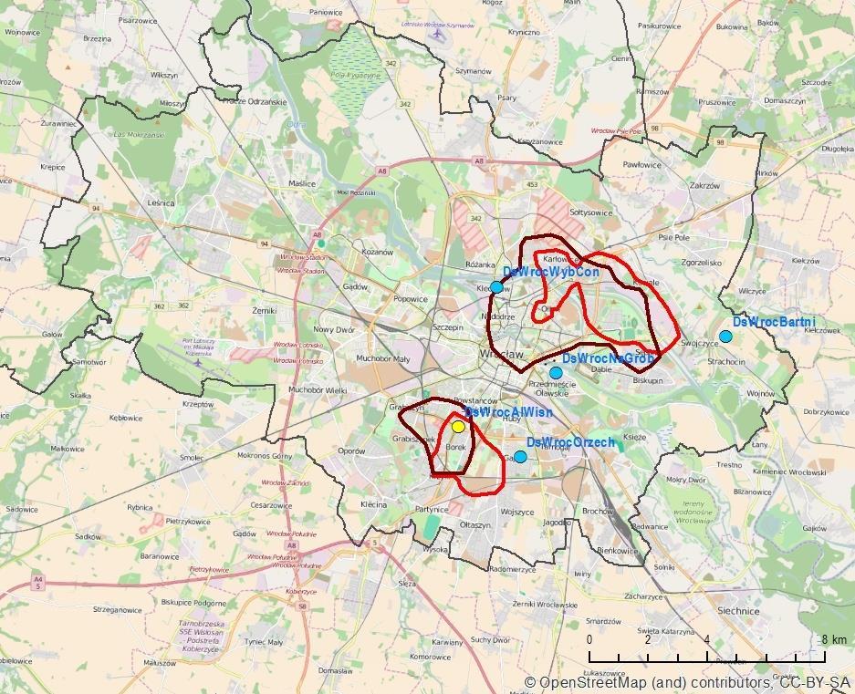 Obszary przekroczeń stężeń rocznych PM2.5 we Wrocławiu w 2014 i 2015 r.