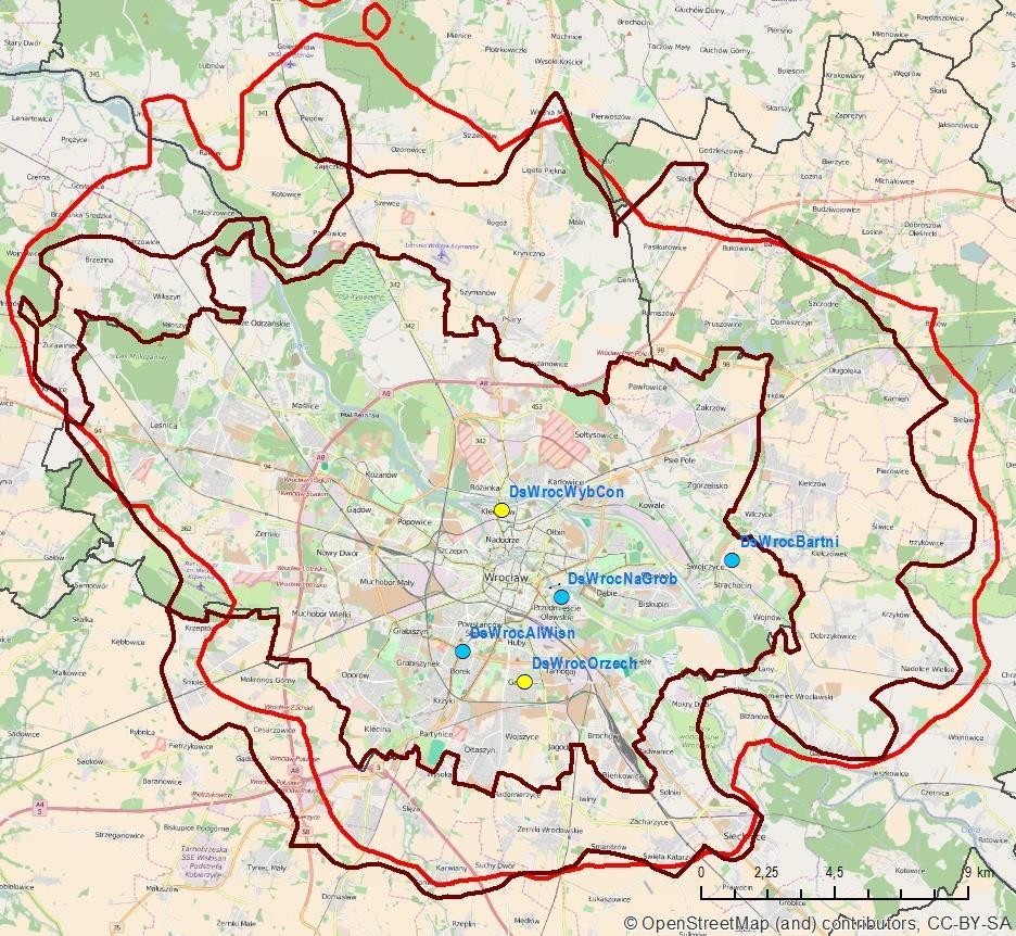 Obszary przekroczeń stężeń rocznych BaP we Wrocławiu w 2014 i 2015 r.