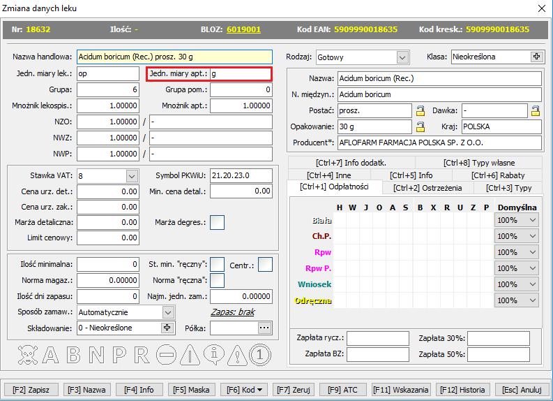 Karta towaru do aktualizacji W takim przypadku należy zmienić jednostkę apteczną miary na gram [g] wpisując w