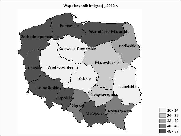 26 Zofia Mielecka-Kubień W roku 2012 natężenie imigracji (rys. 3) było znacznie niższe niż emigracji (rys. 4), czego wynikiem są ujemne wartości współczynnika salda migracji (rys. 5).