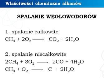 Omówienie równań reakcji spalania całkowitego i niecałkowitego alkanów na przykładzie metanu.