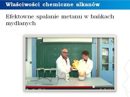 Józefa Poniatowskiego w Warszawie) Emisja filmu Efektowane spalanie metanu w bańkach mydlanych Omówienie równań reakcji chemicznych spalania metanu; przeprowadzenie