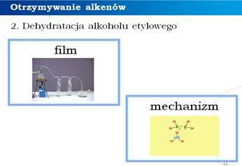 Uruchomienie filmu lub mechanizmu reakcji dehydratacji alkoholu etylowego.