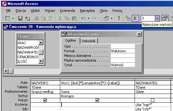 Grupuj dane dla pola NAZWISKO, sumuj i sortuj malejąco pole zliczające oraz wpisz kryterium dla pola KRAJ - np. pol*.