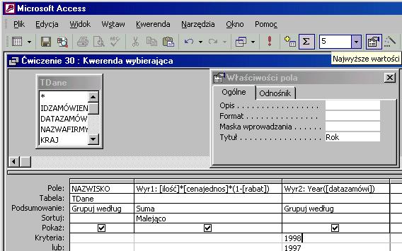 Sprawdź czy obliczasz dla 5 największych wartości. Jak to zrobić? TDane - ćwiczenie 31. Utwórz kwerendę w widoku projektu dla tabeli TDane.