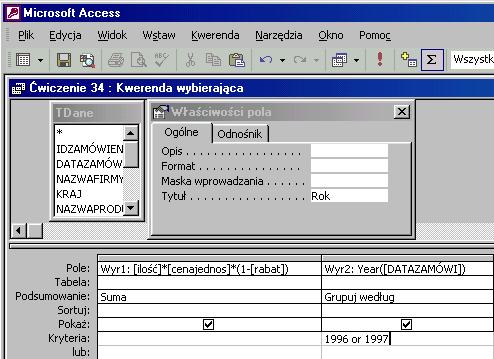 Format walutowy i nazwa Wartość pola zliczającego uczynią kwerendę bardziej zrozumiałą. Jak to zrobić? TDane - ćwiczenie 35. Utwórz kwerendę w widoku projektu dla tabeli TDane.
