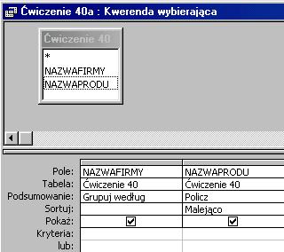 Kolejna kwerenda pogrupuje dane dla pola NAZWAFIRMY oraz zliczy NAZWAPRODU. Sposób drugi - raport z kwerendą. Utwórz raport w widoku projekt nie wskazując źródła danych.