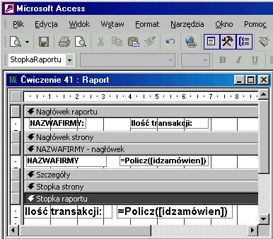 Aby zliczyć transakcje w całym raporcie należy funkcję zliczającą wkleić do sekcji Stopka raportu. Jak to zrobić? TDane - ćwiczenie 42. Utwórz raport w widoku projekt nie wskazując źródła danych.