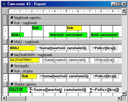 Wklej do sekcji NAZWAFIRMY - nagłówek, ROK - stopka i Stopka raportu formuły zliczające. Wytnij z sekcji KRAJ - nagłówek etykiety pól i wklej do Rok - nagłówek - nie będą powtarzać się za często.