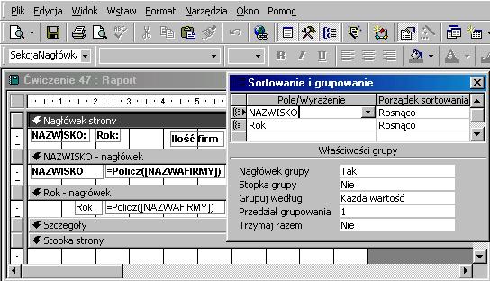 Podobnie postępuj w sekcji Rok - nagłówek. Z sekcji NAZWISKO - nagłówek wklej formułę zliczającą - obliczysz ilość obsługiwanych firm w roku. Jak to zrobić? TDane - ćwiczenie 48.